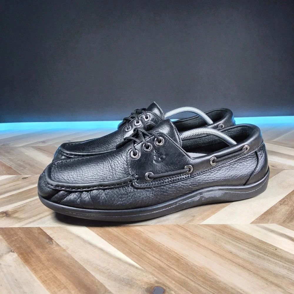 SAS Decksider Mens 11.5 WIDE‎ Lace Up Boat Shoes Black Leather Comfort Support